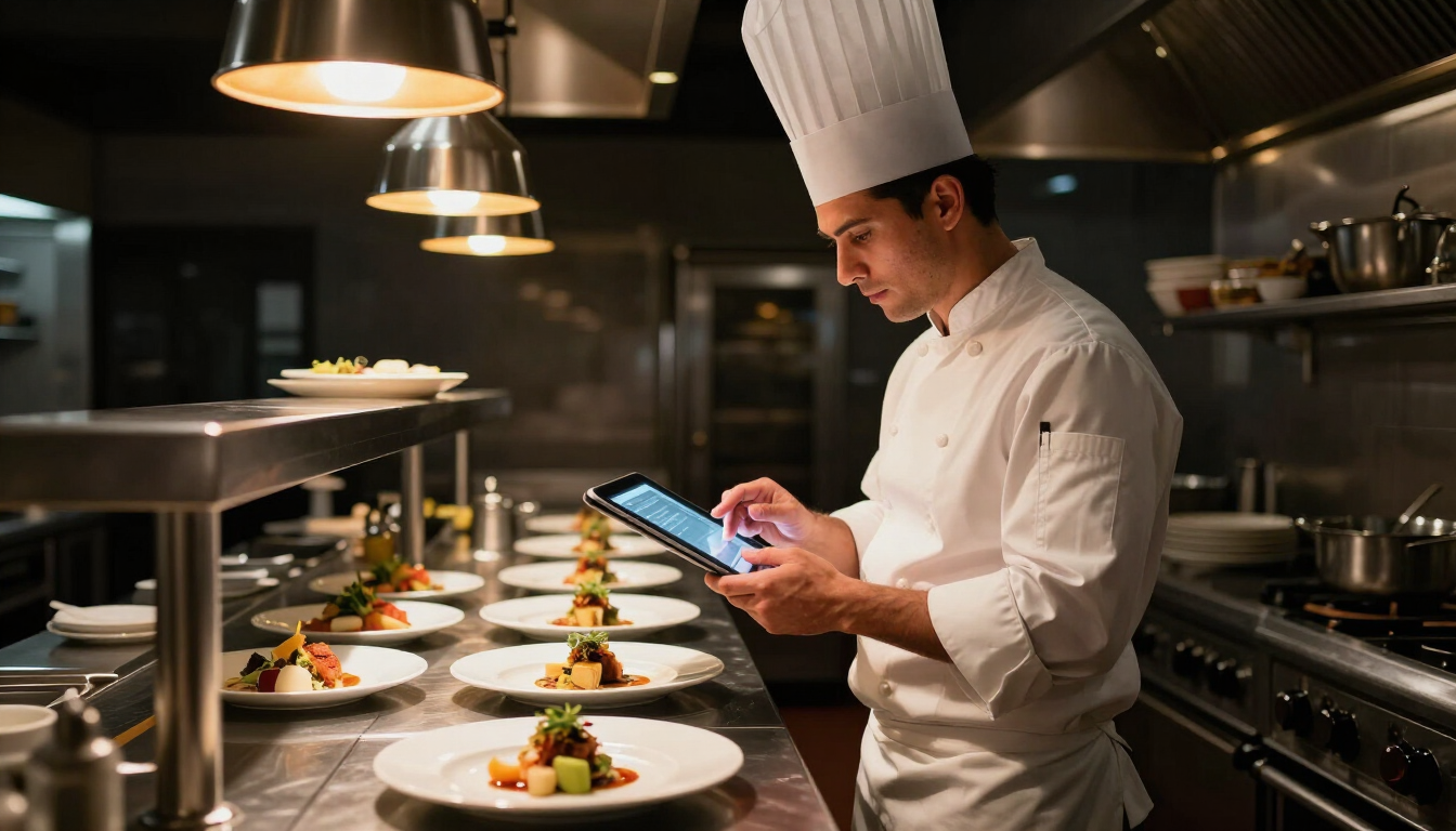 Professional chef in a modern commercial kitchen holding a tablet with gourmet dishes in the foreground