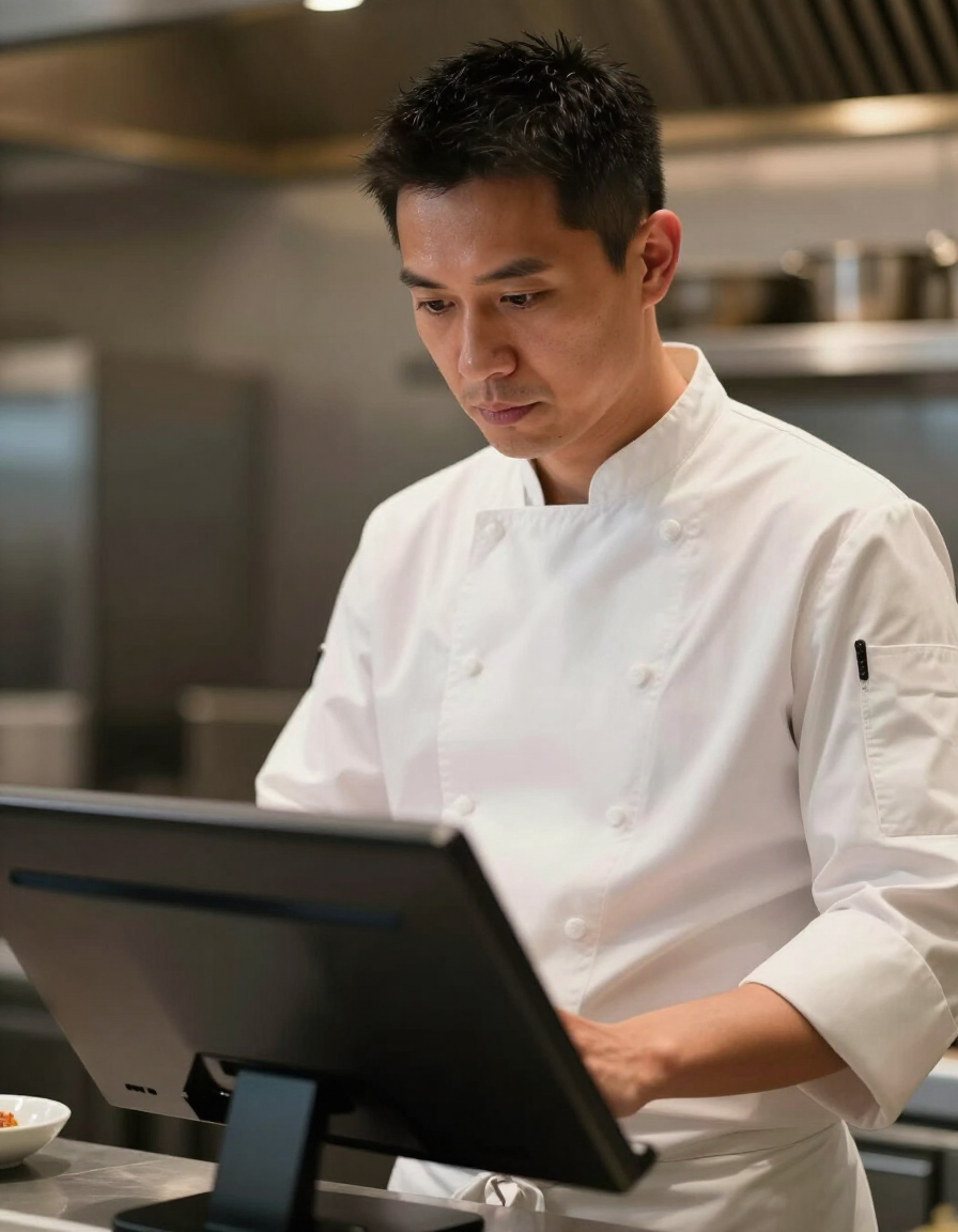 Professional chef in white uniform looking down thoughtfully in a kitchen