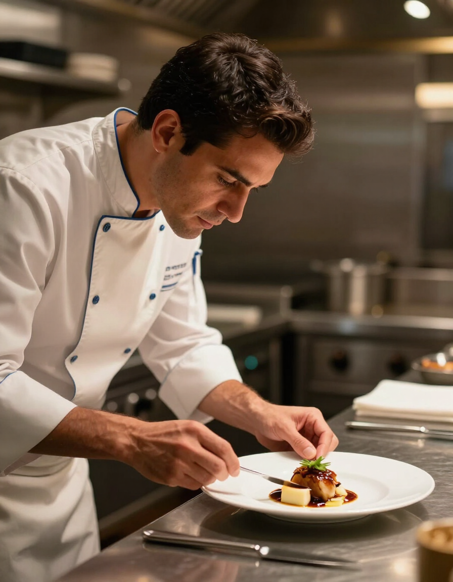 A professional chef in a white uniform with blue trim carefully plating a gourmet dish in a commercial kitchen